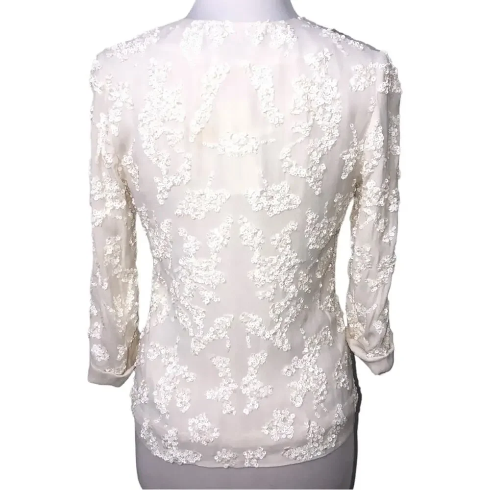 French Connection Mimosa Mist Sequined Tie Front Jacket in Daisy White 4 NWT